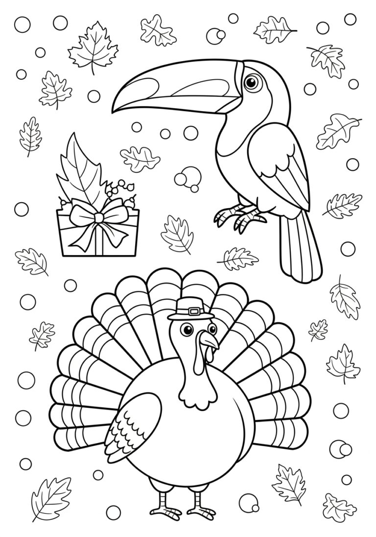 Toucan with Thanksgiving Turkey Coloring Page