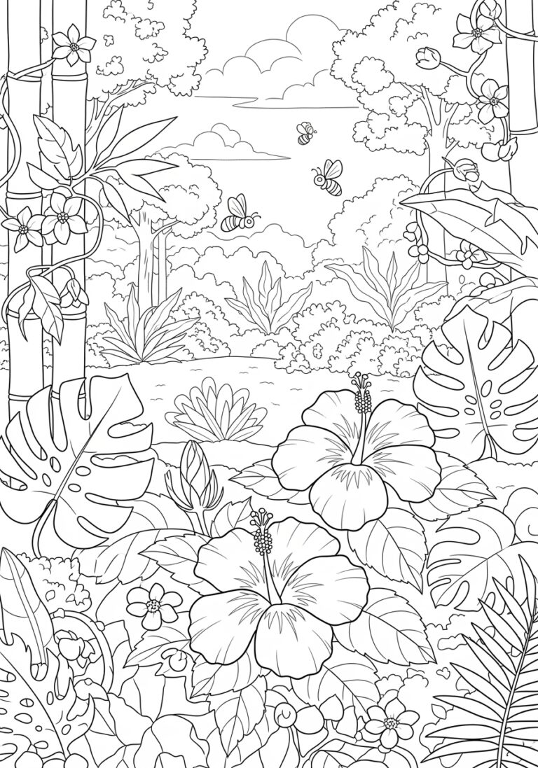 Tropical Hibiscus Garden Coloring Page