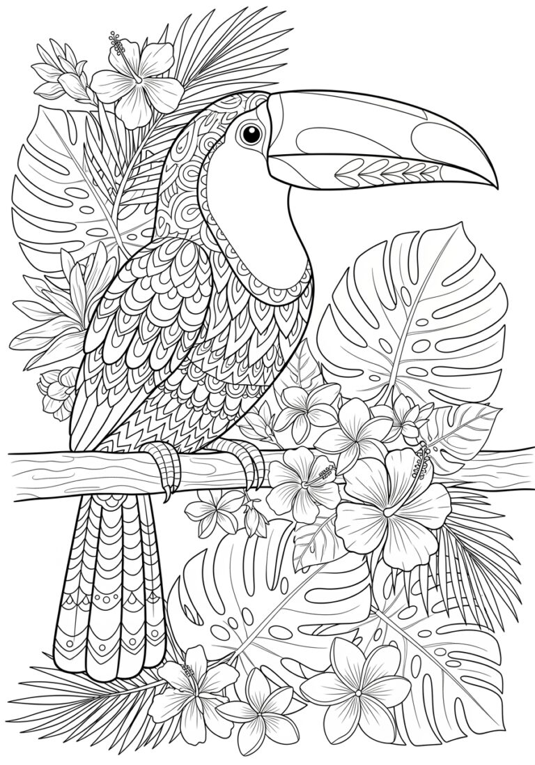 Tropical Toucan with Flowers Coloring Page
