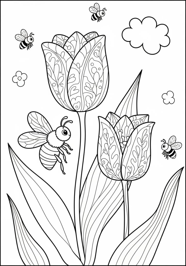 Tulip and Bee Friendship Coloring Page