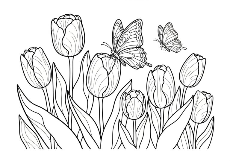 Tulip and Butterfly Coloring Page