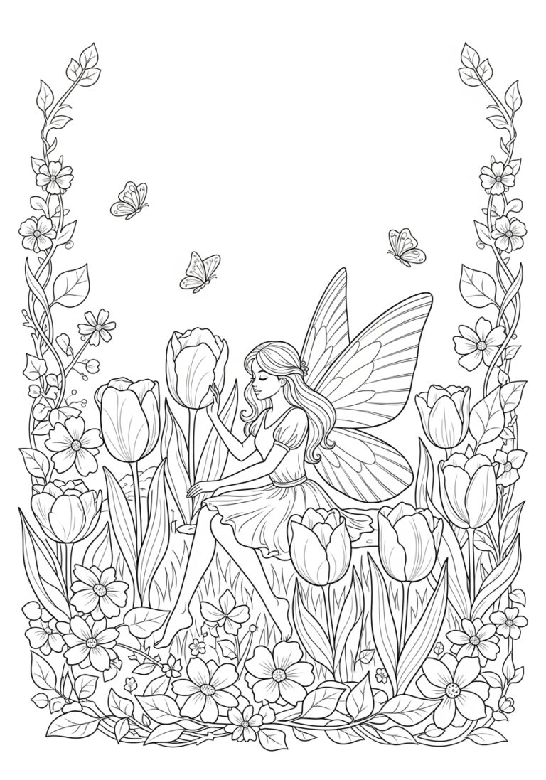 Tulip Fairy in a Flower Field Coloring Page