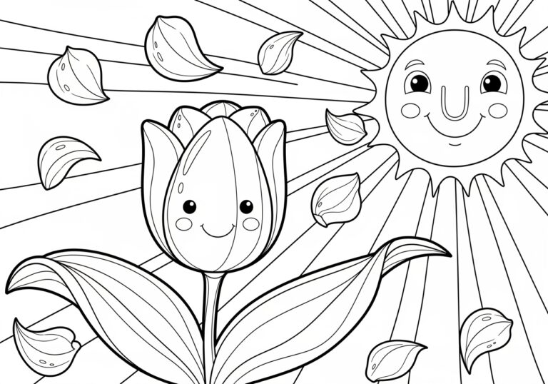 Tulip with Smiling Sun Coloring Page