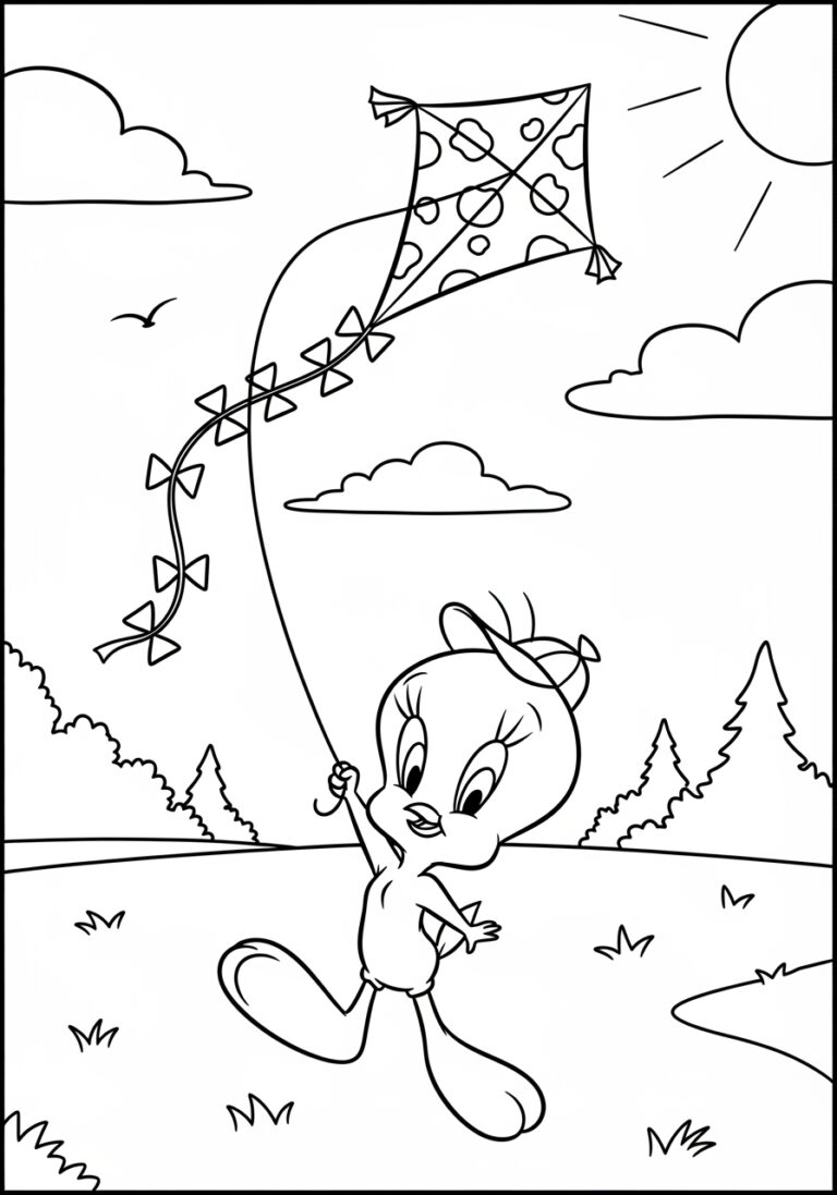 Tweety Flying a Kite Coloring Page