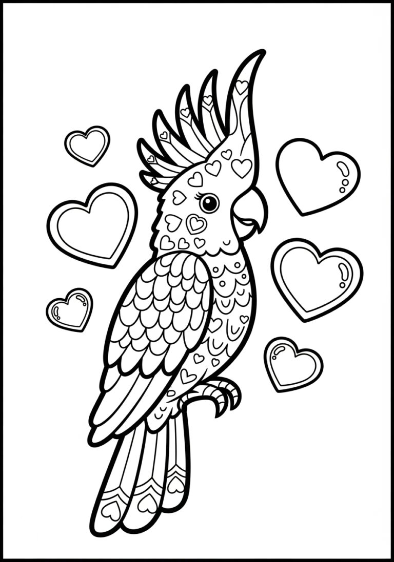 Valentine’s Cockatoo with Hearts Coloring Page