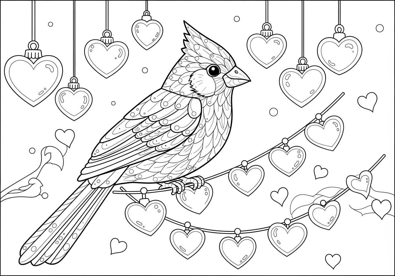 Valentine s Day Cardinal Coloring Page With Heart Garland