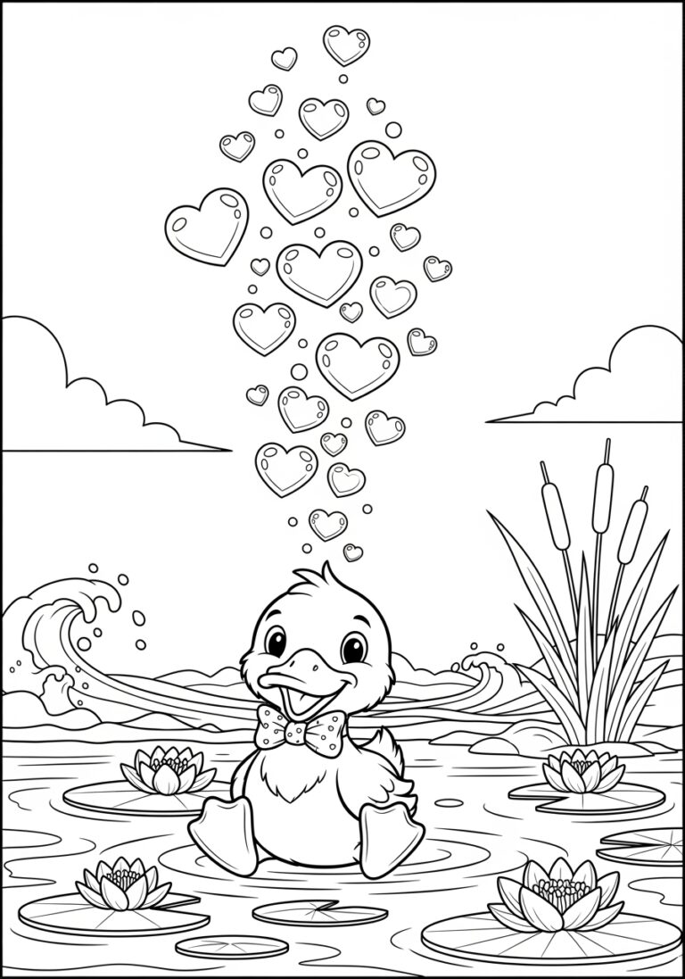Valentine’s Day Duck with Hearts Coloring Page