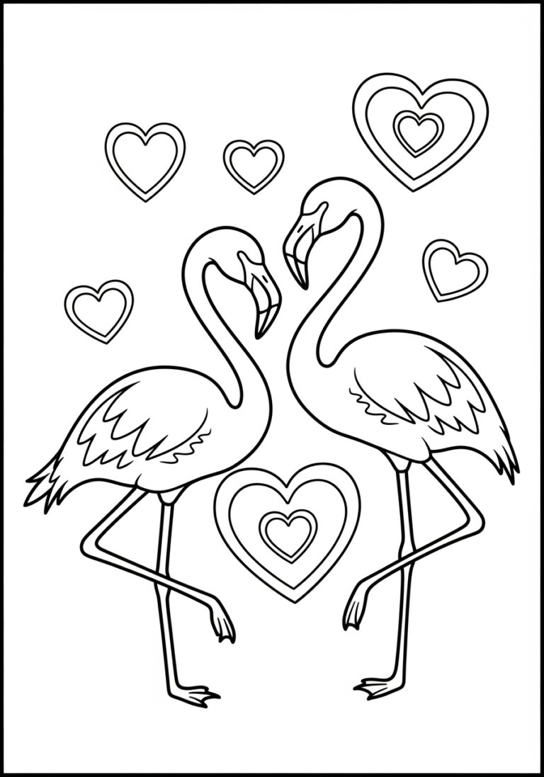 Valentine’s Day Flamingo with Hearts Coloring Page