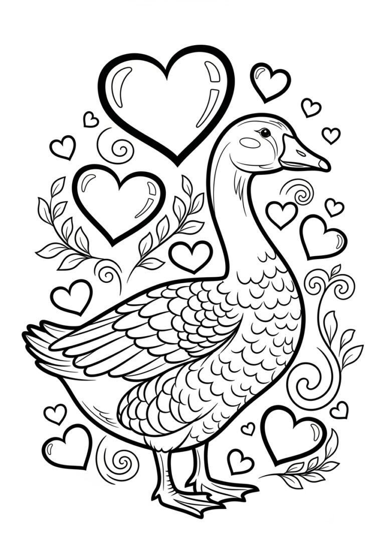 Valentine’s Day Goose with Hearts Coloring Page