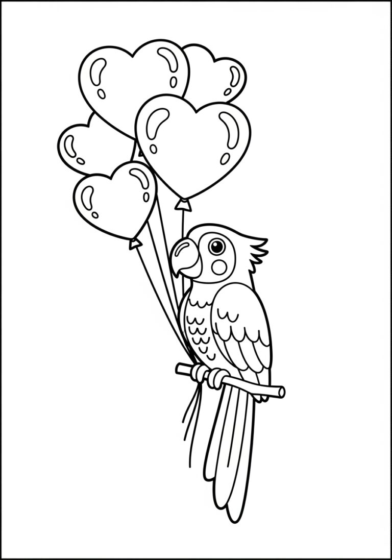Valentine’s Day Parrot with Heart Balloons Coloring Page