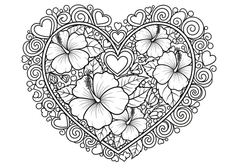 Valentine’s Hibiscus Heart Coloring Page