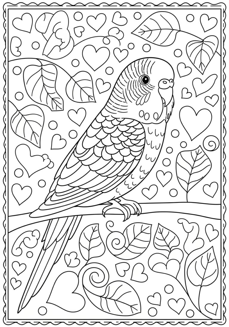 Valentine’s Parakeet Coloring Page