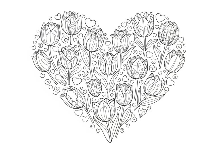 Valentine’s Tulip Heart Coloring Page