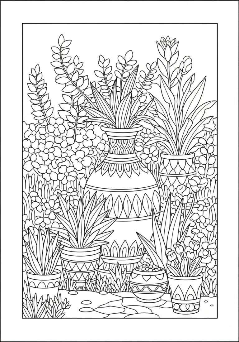 Vase in a Garden Scene Coloring Page