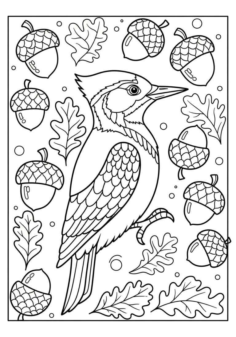 Woodpecker and Acorn Coloring Page