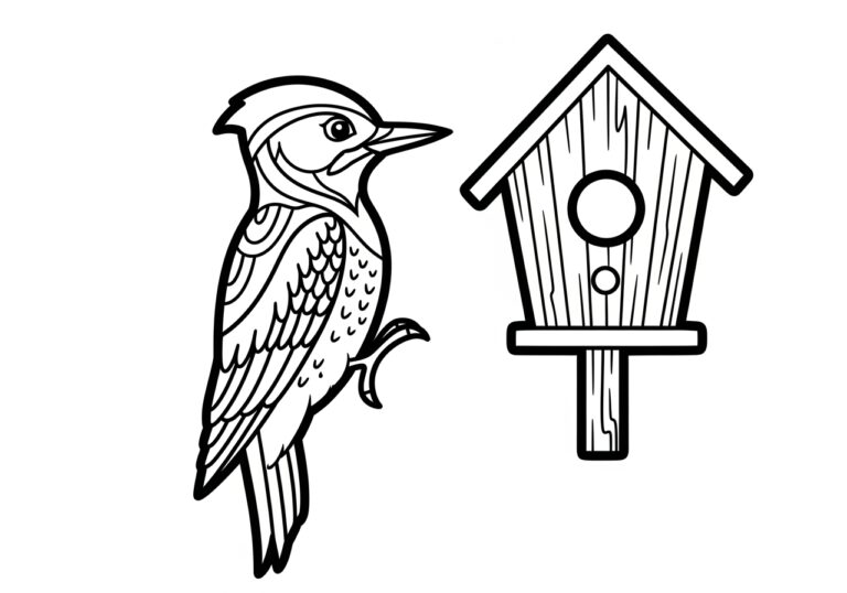 Woodpecker and Birdhouse Coloring Page