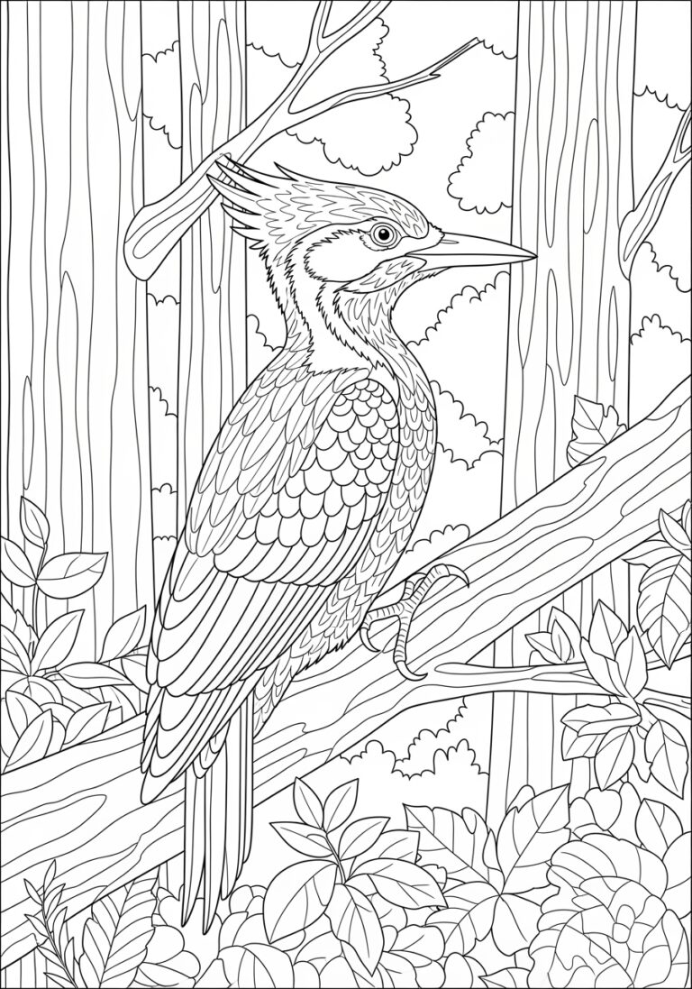 Woodpecker in a Forest Coloring Page