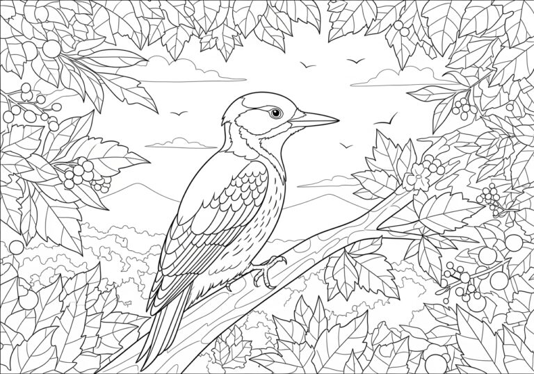 Woodpecker on a Branch Coloring Page