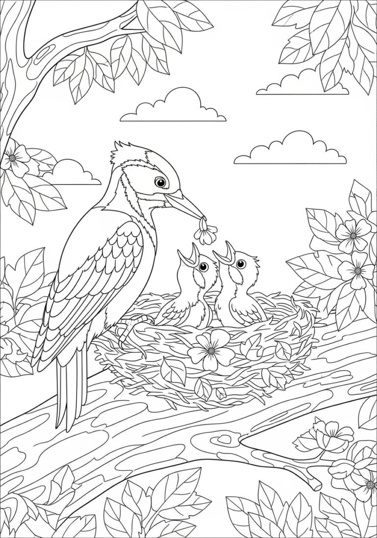 Woodpecker with Baby Birds Coloring Page