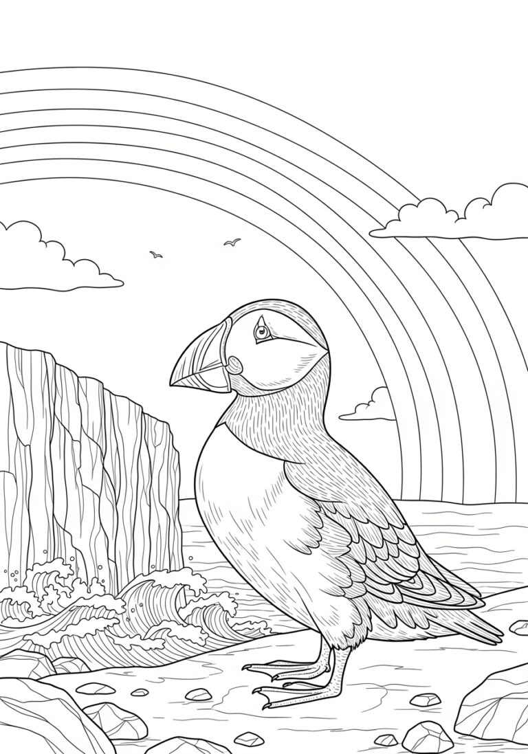 Puffin and Rainbow Coloring Page