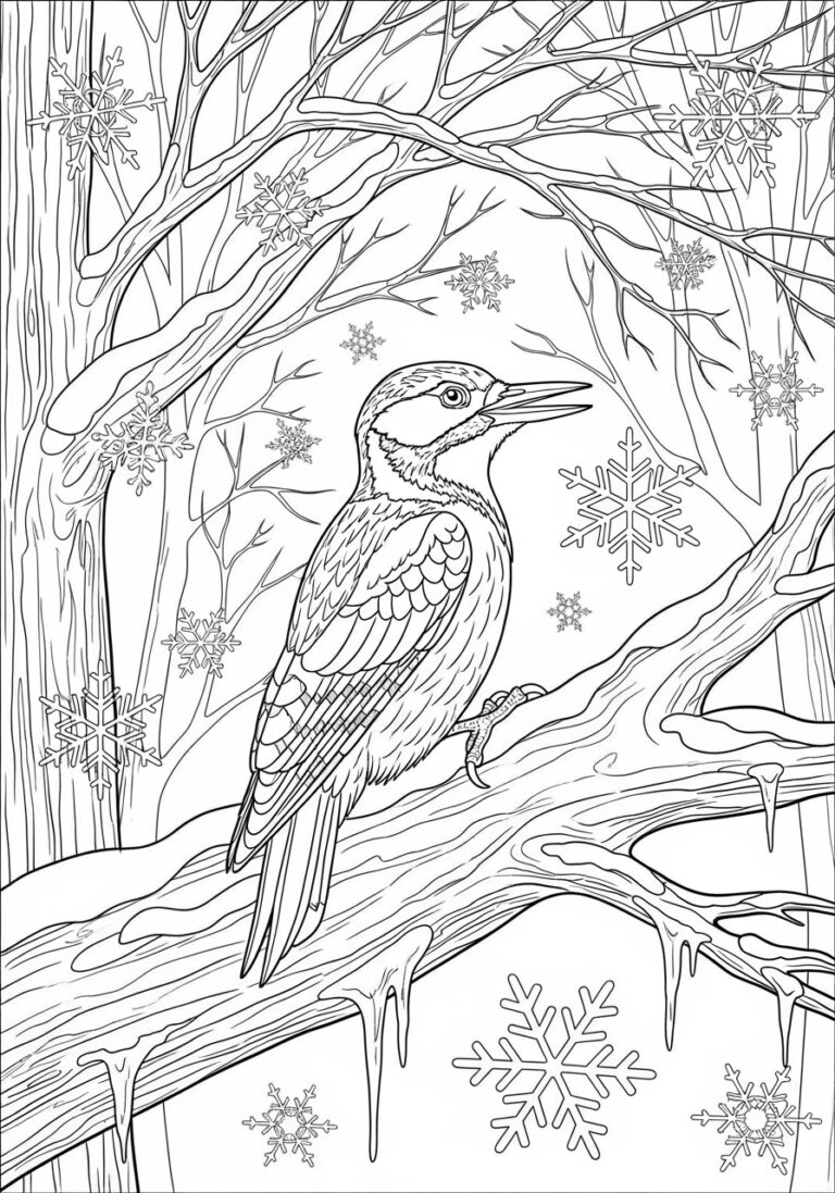Woodpecker in Winter Wonderland Coloring Page