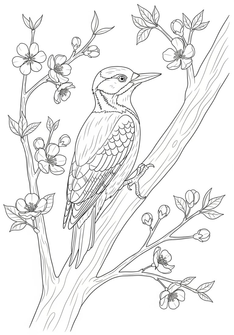 Woodpecker in Springtime Coloring Page