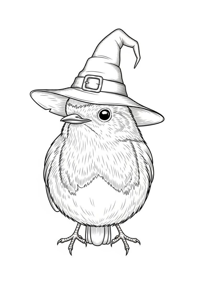 Halloween Robin with a Witch Hat Coloring Page