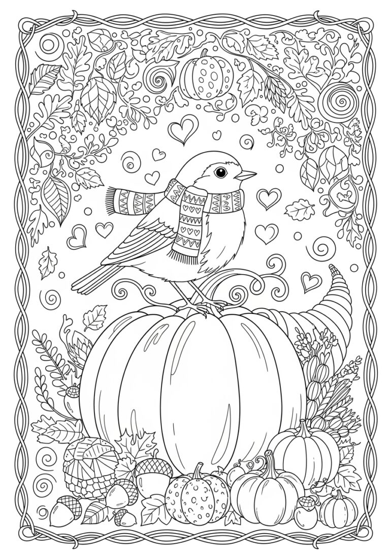Thanksgiving Robin with Pumpkin Coloring Page