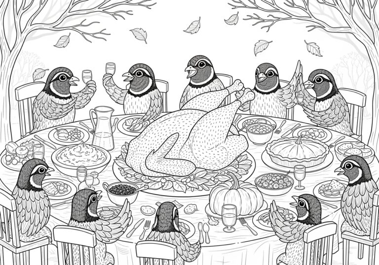 Quail Celebrating Thanksgiving Coloring Page