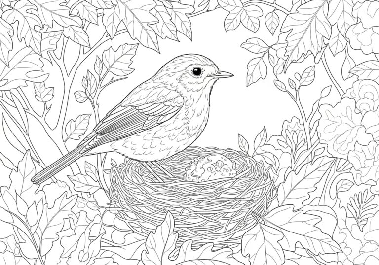 Robin Building a Nest Coloring Page