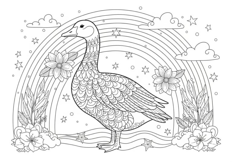 Goose with a Rainbow Background Coloring Page