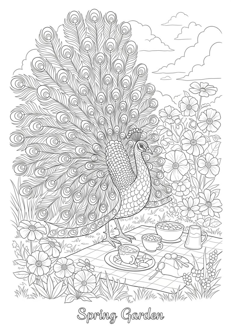 Peacock at a Spring Garden Picnic Coloring Page
