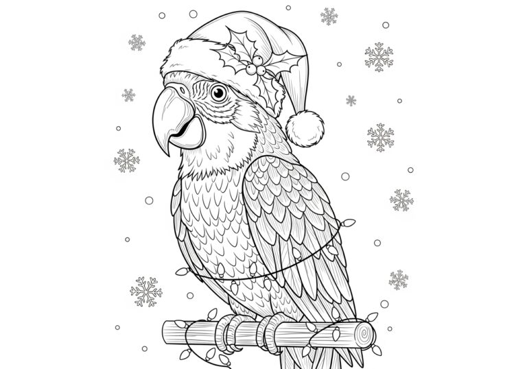 Christmas Parrot with Santa Hat Coloring Page