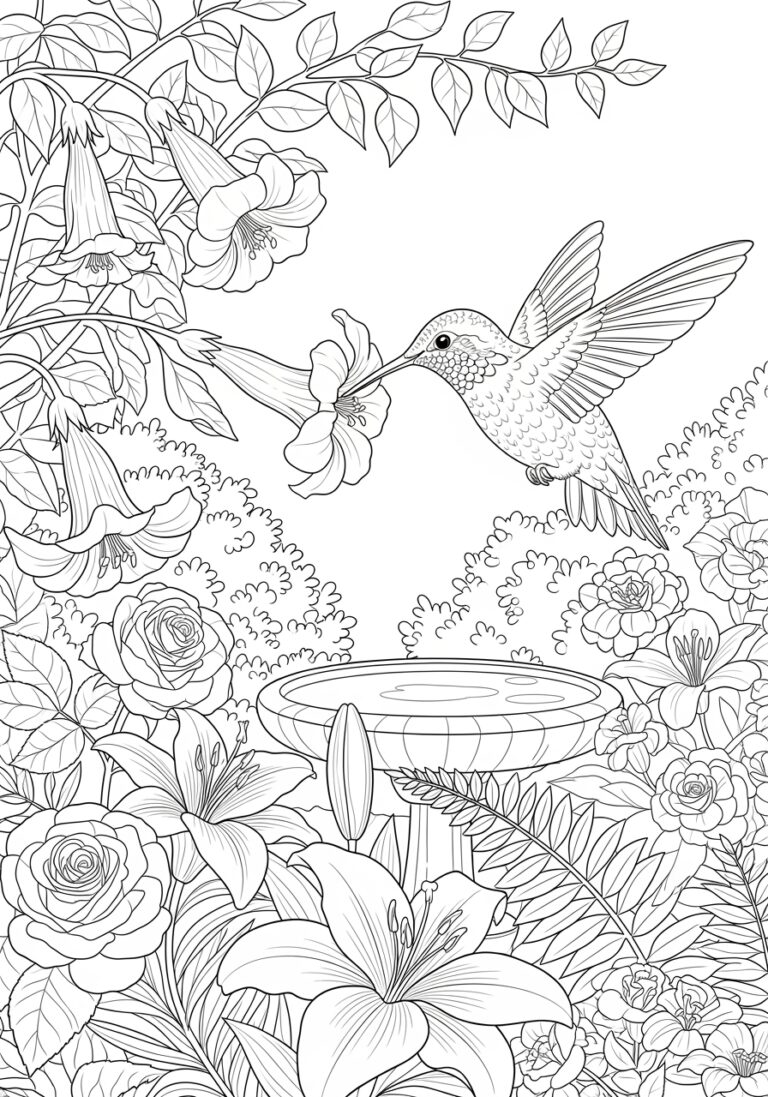 Hummingbird in a Garden Coloring Page