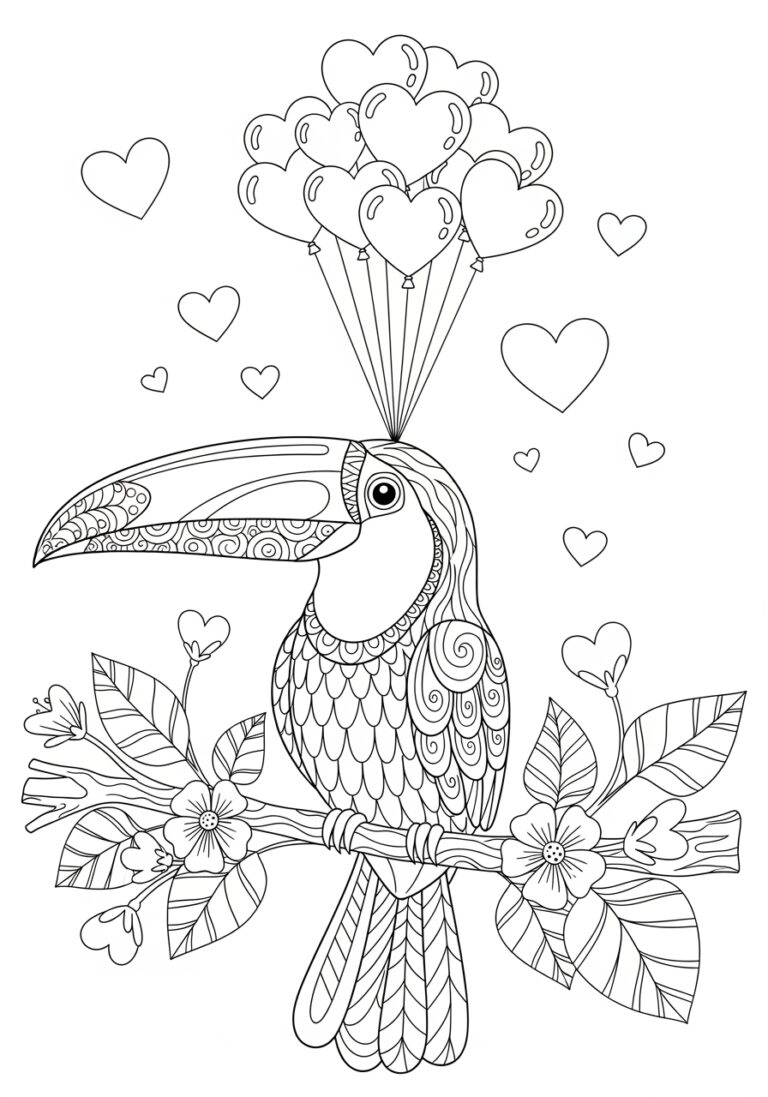 Toucan with Heart Shapes Coloring Page
