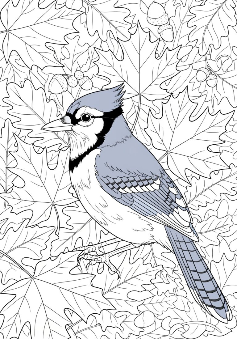 Blue Jay in Autumn Leaves Coloring Page