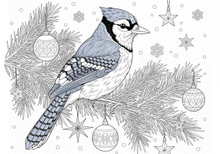 Blue Jay on a Christmas Tree Branch Coloring Page