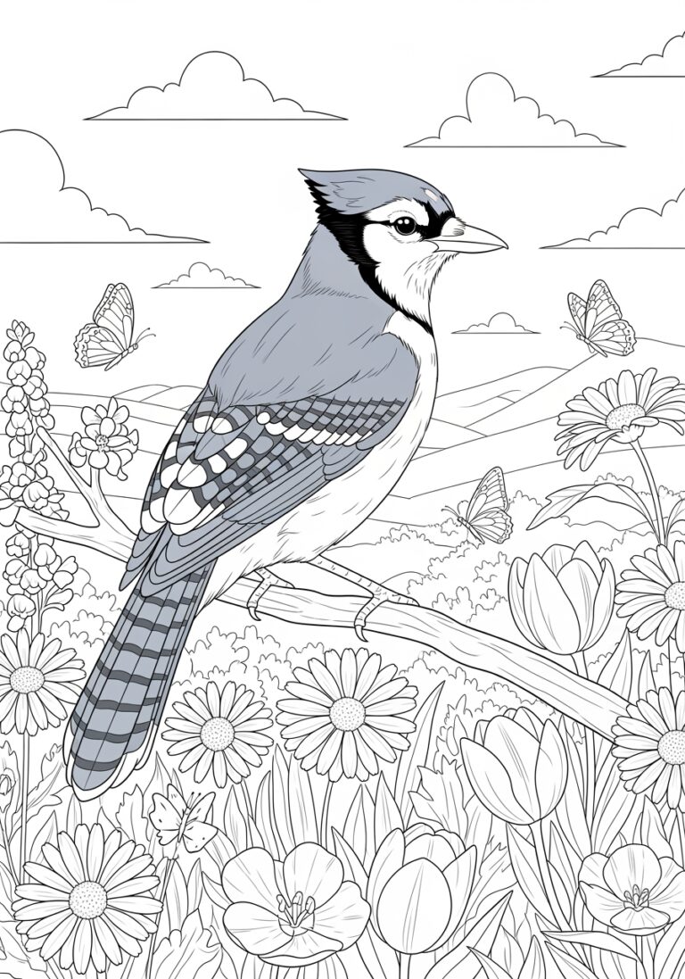 Blue Jay in a Spring Garden Coloring Page