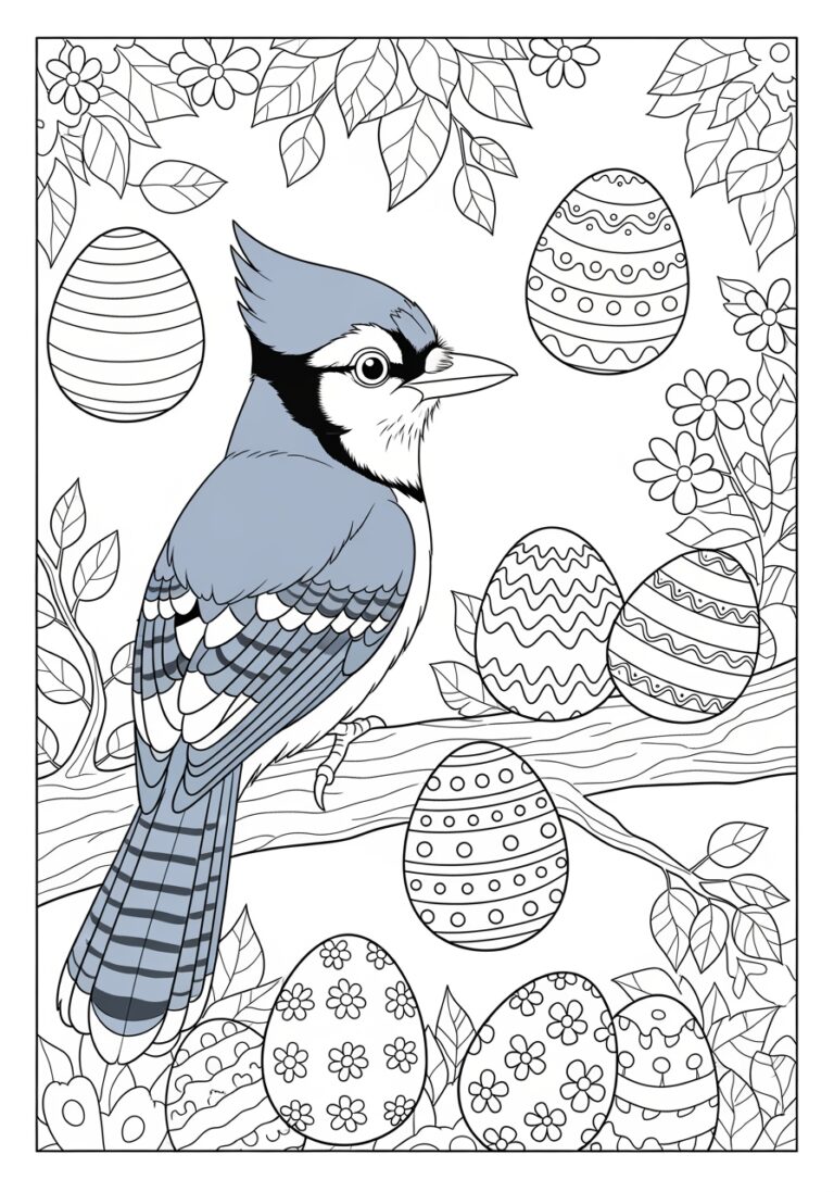 Blue Jay with Easter Eggs Coloring Page