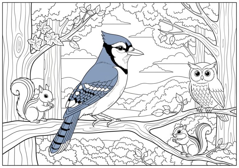 Blue Jay and Woodland Animal Coloring Page