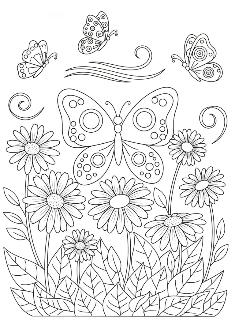 Daisy and Butterfly Coloring Page