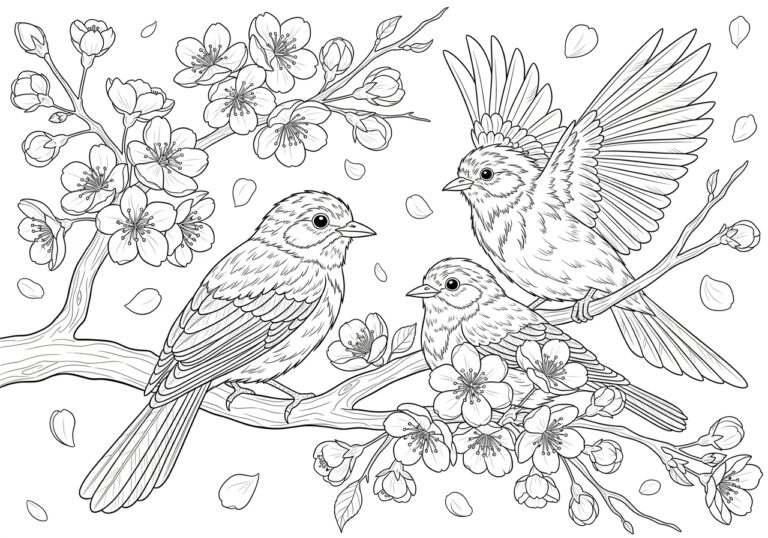 Cherry Blossom Branch with Bird Coloring Page