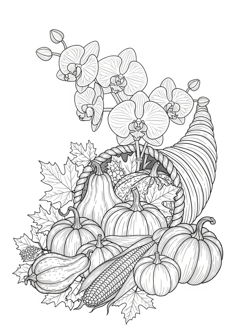 Thanksgiving Harvest with Orchid Coloring Page