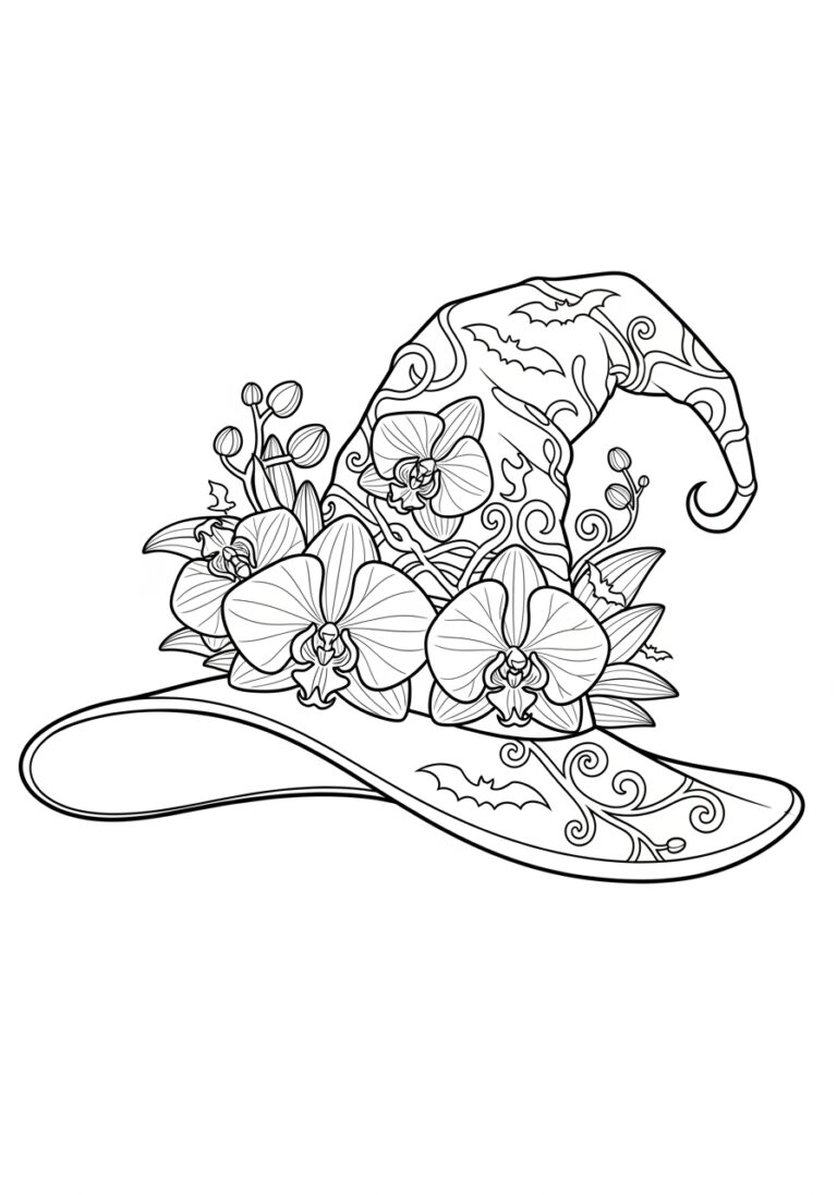 Halloween Orchid Witch Hat Coloring Page