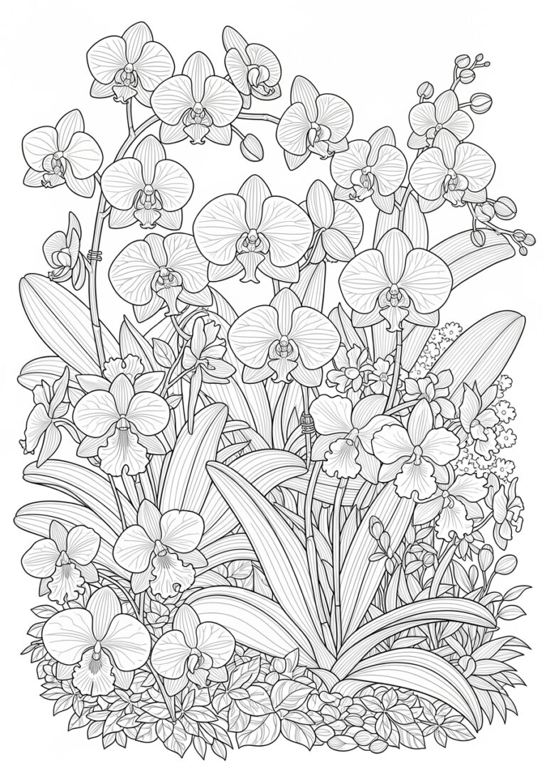 Realistic Orchid Garden Coloring Page