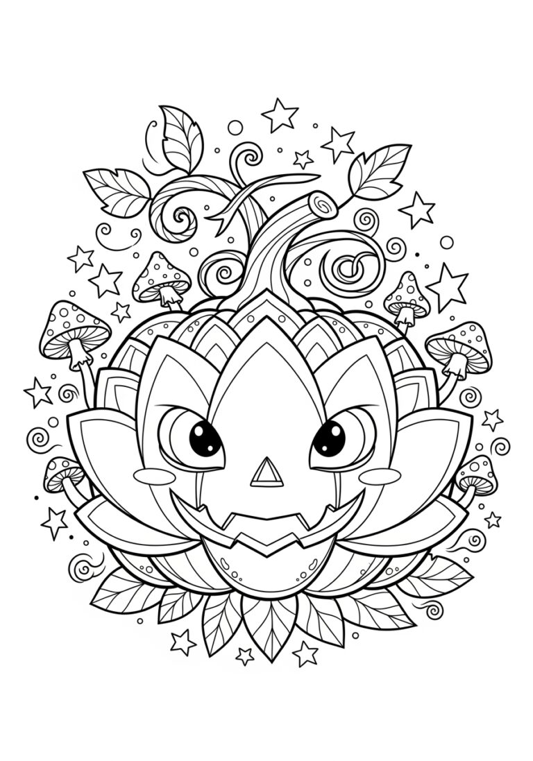 Halloween Lotus and Pumpkin Coloring Page