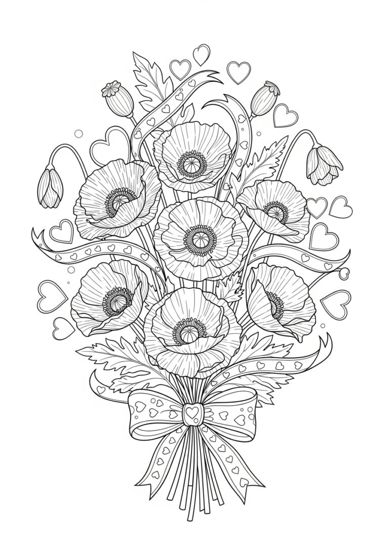 Valentine’s Poppy Bouquet Coloring Page
