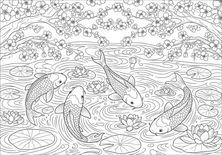 Cherry Blossom and Koi Fish Pond Coloring Page