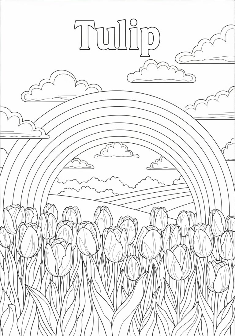 Tulip Under a Rainbow Coloring Page