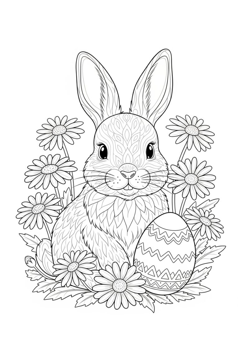 Easter Bunny with Daisies Coloring Page